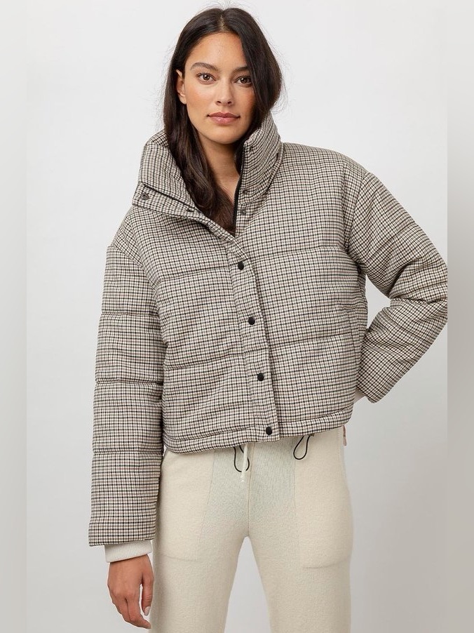Rails Plaid Puffer Jacket In Taupe Blend - Women's Short Pillow Coat